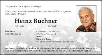 Traueranzeige von Heinz Buchner von Pegnitz-Zeitung